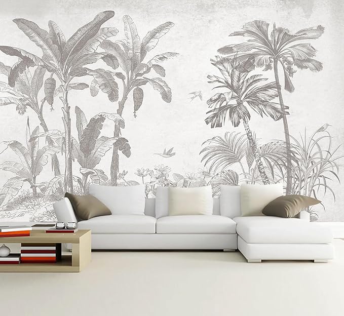 Gray Jungle Landscape Wallpaper Mural Tropical Banana Leaf Wall Mural (Not Peel and Stick)-Ruum Studio Home
