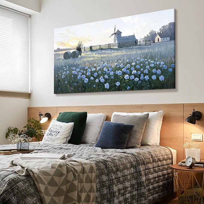 amatop Oversized Farmhouse Wall Art – Botanical Picture Flower Blue Rose & Windmill Countryside Scene Canvas Print, Large Floral Landscape Artwork Decor for Living Room Dining Room Hallway 58x29 Inch-Ruum Studio Home