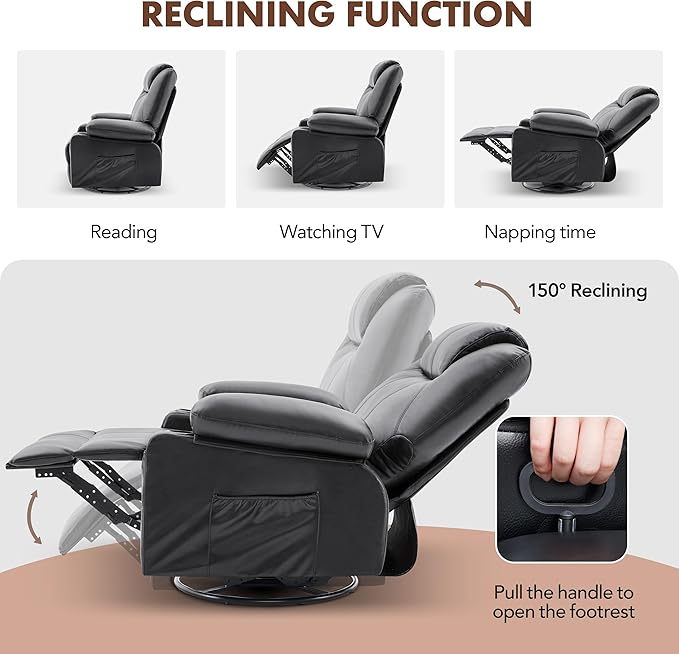 Swivel Rocker Recliner Chair with Heat and Massage, 360 Degree Swivel Rocking Single Sofa with Cup Holders and USB Port, Large Big Recliner Chair for Living Room (Leather, Black)-Ruum Studio Home
