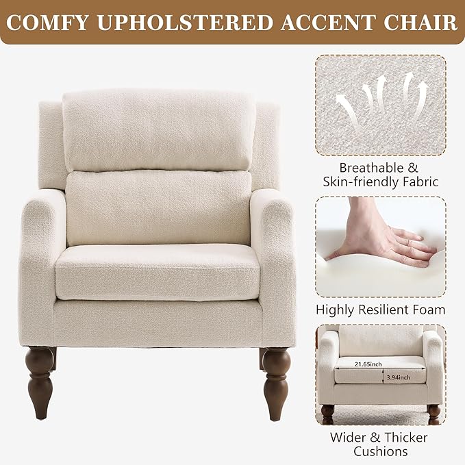 Kidol & Shellder White Oversized Accent Chair for Living Room Mid Century Modern Reading Chair with Back Wide Upholstered Comfy Single Sofa Chair for Bedroom Lounge Side Corner Chair Fabric Armchair-Ruum Studio Home