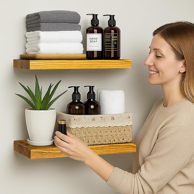 BGMG Wood Floating Shelves for Wall 16 inch Set of 2, Rustic Wooden Wall Mount Shelves for Living Room Bedroom Kitchen Farmhouse-16x6.7x1.25 inch- Gold Oak-Ruum Studio Home