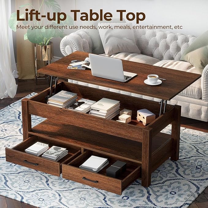 Rolanstar Coffee Table, 47.2" Lift Top Coffee Table with Drawers and Hidden Compartment, Retro Central Table with Wooden Lift Tabletop, for Living Room,Espresso-Ruum Studio Home
