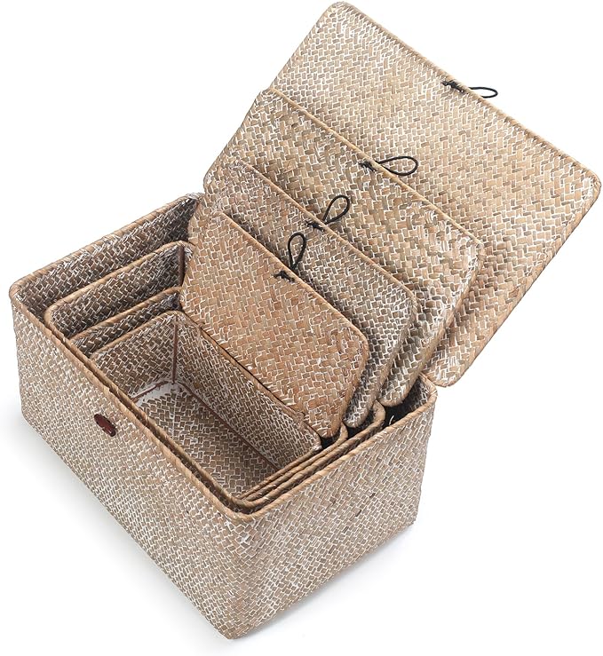 Wicker Basket with Lid, Seagrass Storage Basket, Woven Decorative Storage Baskets for Shelf Organizing, Whitewash-Ruum Studio Home