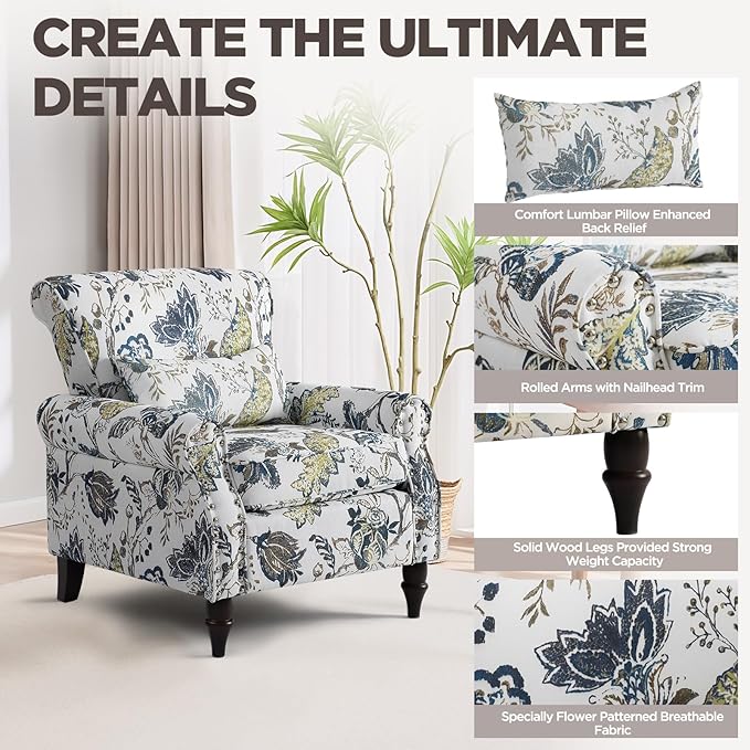 Wingback Accent Chair with Removable Pillow, High Back Floral Armchair with Solid Wood Legs & Nailhead Trim, Comfy Upholstered Reading Single Sofa Chair for Bedroom (2, Blue Floral Pattern)-Ruum Studio Home