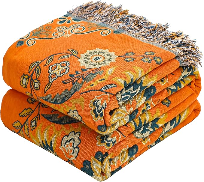 Boho Large Throw Blanket, 100% Organic Cotton Breathable Soft Bed Throw - Floral Farmhouse Decor Blanket for Sofa Couch Chair and Gift. 91" x 98"- Orange-Ruum Studio Home