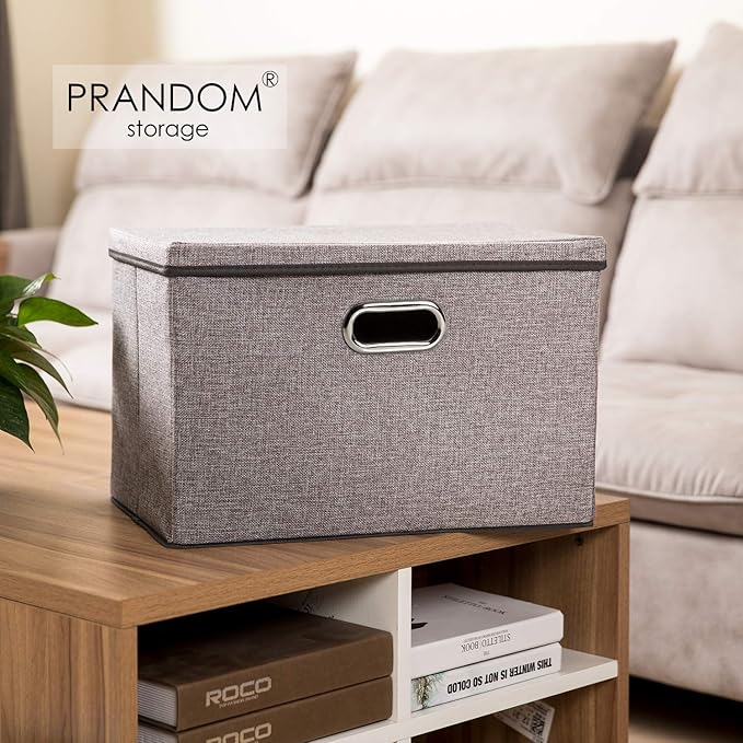PRANDOM Large Foldable Storage Bin with Lid [1-Pack] Linen Fabric Decorative Storage Box Organizer Containers Basket Cube with Handles Divider for Bedroom Closet Office Living Room (17.7x11.8x11.8)-Ruum Studio Home