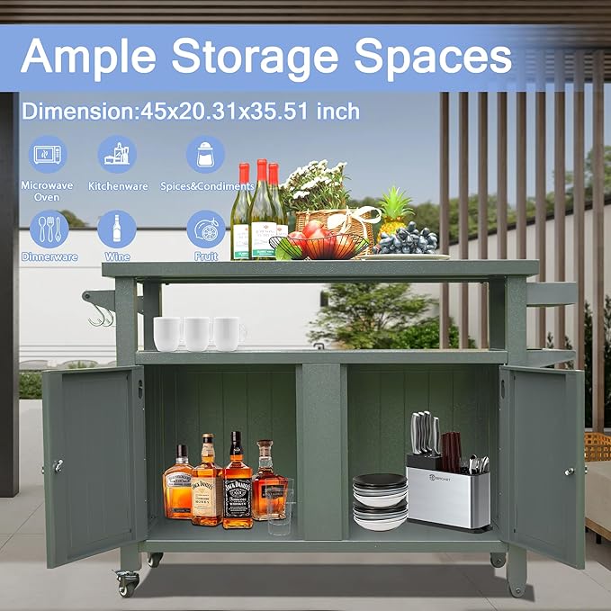 Domi Grill Carts Outdoor Storage Cabinet with Wheels, Metal Outdoor Grill Cart Kitchen Dining Table Cooking Prep BBQ Table for Patio, Kitchen Island, Home Party, Bar (Grey)-Ruum Studio Home