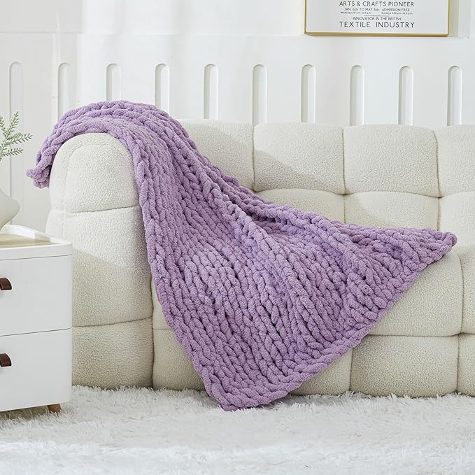WESHIONGOO Chunky Knit Blanket Throw 40"*40" Knitted Throw Blankets for Couch Bed Fluffy Soft Blanket with Jumbo Chenille Yarn Thick 100% Handmade(Lilca)-Ruum Studio Home
