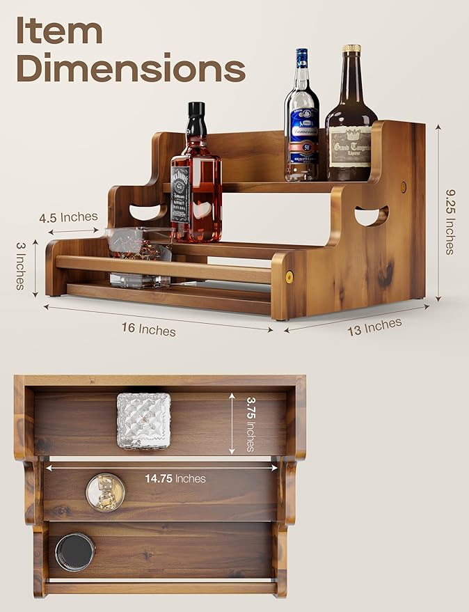Tinamo Acacia Wood Liquor Bottle Display Shelf – 3-Tier Countertop Wine Rack, Bar Shelf – Whiskey Bar Stand for Home, Bottle Organizer for Countertop, Man Cave Decor – Wine Holder with Handles-Ruum Studio Home