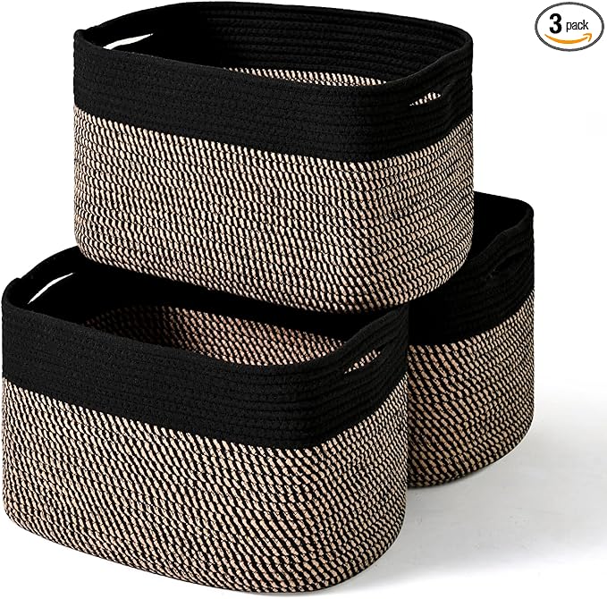 Storage Baskets for Organizing Shelves, Toy Basket for Kid's Room, Woven Cotton Rope Basket for Decor, Organizing Baskets for Bedroom Living Room, 15"x11"x9.5", 3 Packs, Black & Jute-Ruum Studio Home