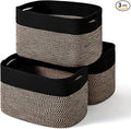 Storage Baskets for Organizing Shelves, Toy Basket for Kid's Room, Woven Cotton Rope Basket for Decor, Organizing Baskets for Bedroom Living Room, 15"x11"x9.5", 3 Packs, Black & Jute-Ruum Studio Home