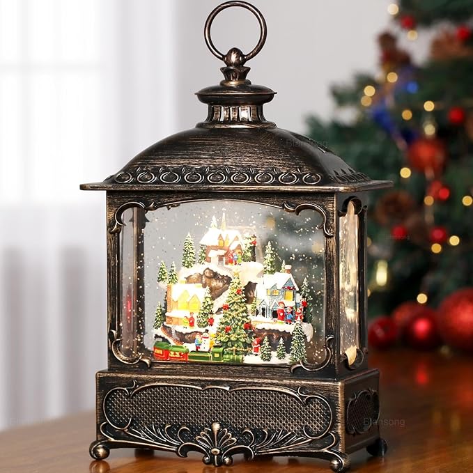 Village Snow Globe Christmas Decorations Gifts Auto Snowfall Glitter Music Collection Village Scene Train Tree Church Snowman with 6H Timer USB/Battery Powered 12 inch-Ruum Studio Home