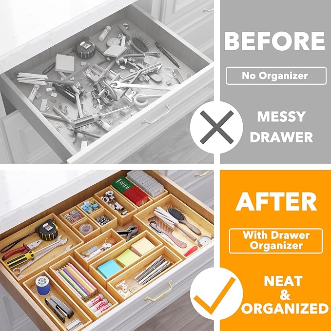 SpaceAid 14-Piece Bamboo Drawer Organizer Storage Boxes Set, Wood Tray Junk Drawer Organizers Multi-Use Divider Bins for Kitchen, Bathroom, Office Desk and Makeup Organization (14 Pack, Natural)-Ruum Studio Home
