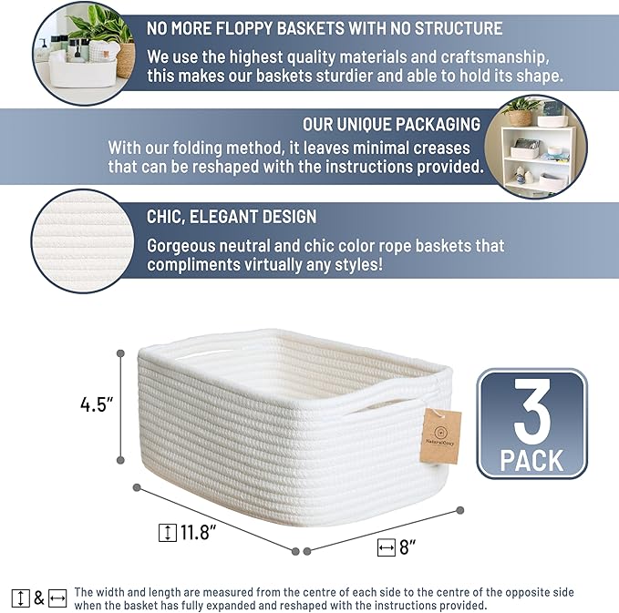 NaturalCozy 11.8"x8"x4.5” Storage Baskets for Shelves 3 Pack | Cotton Rope Woven Small Baskets for Organizing | Small Storage Bins for Nursery, Bathroom, Closet, Cube Shelf, Decorative, Gift Basket-Ruum Studio Home