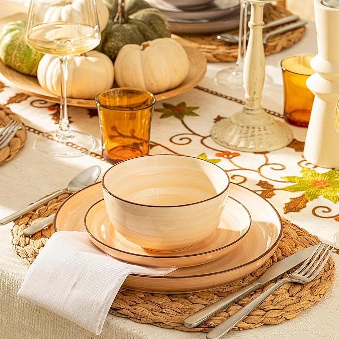 Sweese Plates and Bowls Sets, 18 Piece Dinnerware Set Porcelain Round Dinner Set for 6, Scratch Resistant Dishes Set, Dishwasher and Oven Microwave Safe Handpainted Swirl Dishware Sets, Neutral-Ruum Studio Home