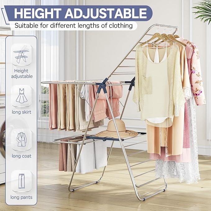 APEXCHASER Clothes Drying Rack with 4 Wings, Drying Rack Clothing with Height-Adjustable, Foldable Gullwings Laundry Drying Rack, Indoor Outdoor Use, No Assembly, Blue-Ruum Studio Home