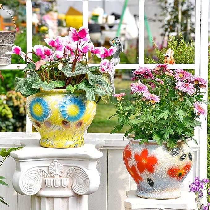 Sungmor Ceramic Hand Painted Succulent Flower Pots, 9 Inch Large Pottery Pots for Indoor Outdoor Plants, Decorative Ceramic Vase for Flower Arrangement Home Decor, Vintage Centerpieces Flowerpot-Ruum Studio Home