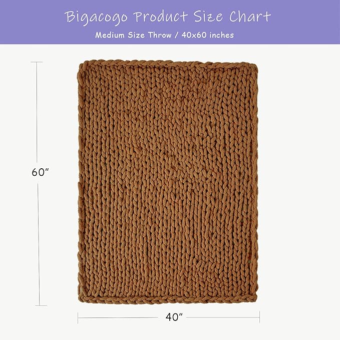 Bigacogo Chunky Knit Throw Blanket for Couch, 40x60 inches, 100% Hand Knitted with Thick Jumbo Chenille Yarn, Cozy Soft Large Rope Knot Cable Crochet Blankets for Sofa Bed Living Room, Caramel-Ruum Studio Home