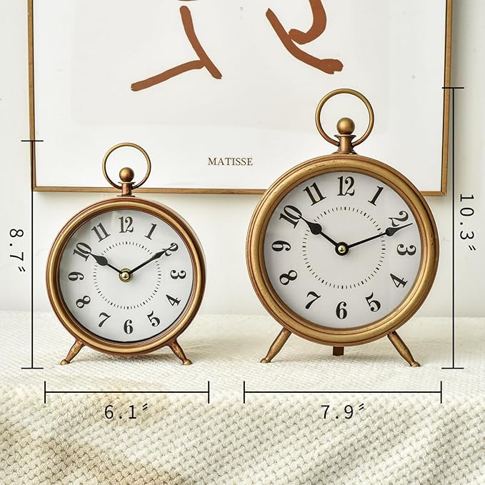 Vintage Table Clock on Stand, Decorative Desk and Shelf Clock Rustic Mantel Clock Non-Ticking, Metal Frame with Antique Gold Finish