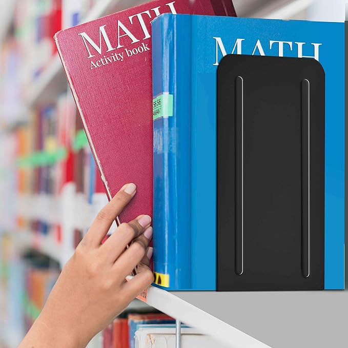 Acrimet Metal Bookends, Jumbo Size 9" H x 4" W x 4-1/2" D, Non-Skid Book Stand for Shelves, Heavy Duty Book Stopper, Black, 1 Pair-Ruum Studio Home