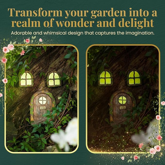 Fairy Door and Windows – Glow in The Dark Yard Art Sculpture Decoration for Kids Room, Wall and Trees Outdoor | Miniature Garden Outdoor Decor Accessories with Bonus Fairy Lantern-Ruum Studio Home