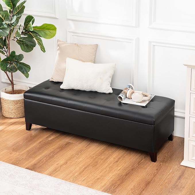 Joveco Storage Ottoman Bench, 51 Inch Leather Tufted Upholstered Bench for End Foot of Bed, Bedroom, Living Room, Black-Ruum Studio Home