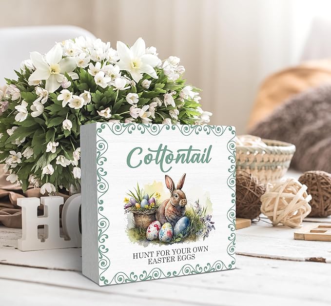 SRADMO Easter Wooden Block Decorative Sign, 5x5 inches, Wood, Tabletop Mount, Multicolor, Easter Theme, Rustic Style, Pre-Printed Text: Cottontail-Ruum Studio Home