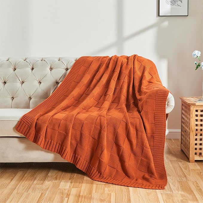 CozeCube Check Knit Throw Blanket, Rust Orange Checkered Throw for Couch, Decorative Christmas Soft Cozy Warm Knitted Blanket for Bed Sofa Living Room, 50"X60"-Ruum Studio Home