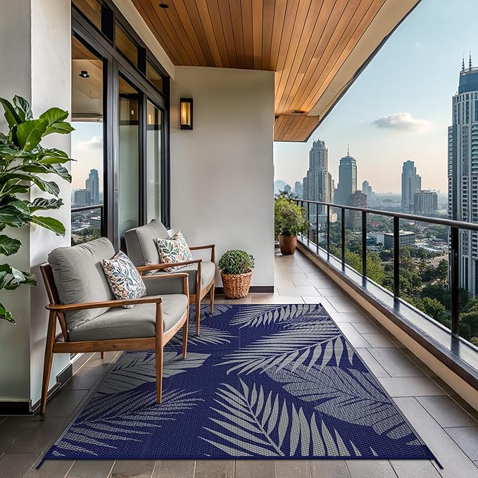 GENIMO Outdoor Rug 9' x 12' Waterproof for Patios Clearance, Reversible Outdoor Plastic Straw Camping Rug Carpet, Large Area Rugs Mats for RV, Camper, Deck, Balcony, Porch, Beach, Navy Blue&Grey-Ruum Studio Home