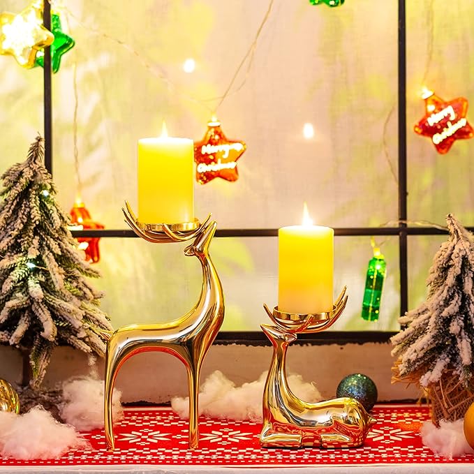 Sziqiqi Gold Reindeer Candle Holder for Pillar Candles Brass Reindeer Tealight Candle Holders Copper Deer Gift Christmas Decor for Table Centerpiece Living Room Mantle Decoration-Ruum Studio Home