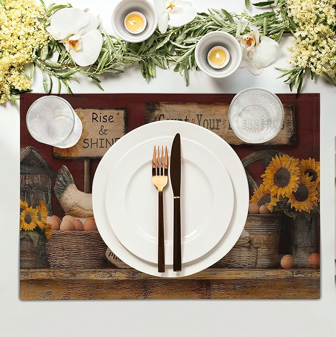 Farmhouse Rooster Placemats Set of 4 Farm Animal Chicken Place Mats 12x18 Inch Vintage Rustic Country Linen Table Mat Washable Non-Slip Placemat for Party Kitchen Dining Decor-Ruum Studio Home