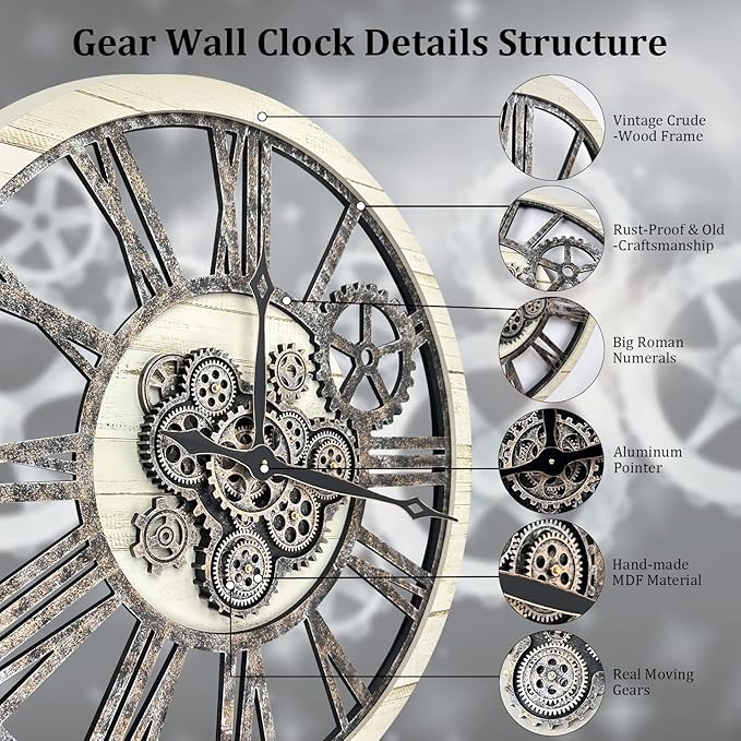 HOIBAI Large Wall Clock, Wall Clocks for Living Room Decor 30 Inch Farmhouse Vintage Rustic Kitchen Wall Decor Vintage Roman Oversized Wall Clock for Home Bedroom House, Moving Gears Clock-Ruum Studio Home