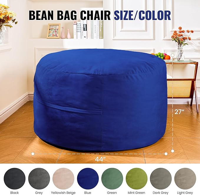 4FT Bean Bag Chair: Bean Bag with Velvet Cover, Fluffy and Comfy Bean Bag Chairs for Adults and Kids, Bean Bag Sofa Filled with High-Density Sponge for Gaming (Blue)-Ruum Studio Home