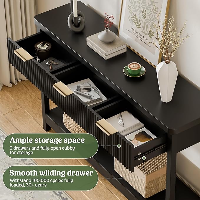 Lulive 51" Fluted Console Table for Entryway, Entryway Table with 3 Wooden Drawers, Farmhouse Behind Sofa Table for Living Room, Hallway, Couch, Foyer-Ruum Studio Home