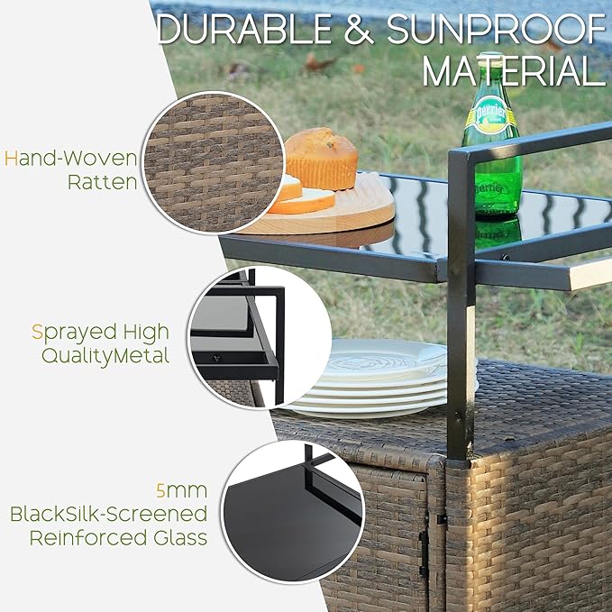 Wicker Outdoor Bar Cart - Brown Patio Console Storage Table Buffet Cabinet Serving Kitchen Cart with Wheels for Outside Backyard-Ruum Studio Home
