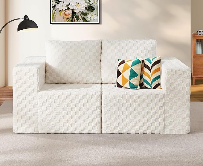 Modular Sectional Sofa 2 Seater Loveseat Modular Couch with Deep Seat Memory Foam Cloud Chair with Pillows Oversized Sectional Sofa for Living Room Bedroom (Plush White, Loveseat)-Ruum Studio Home