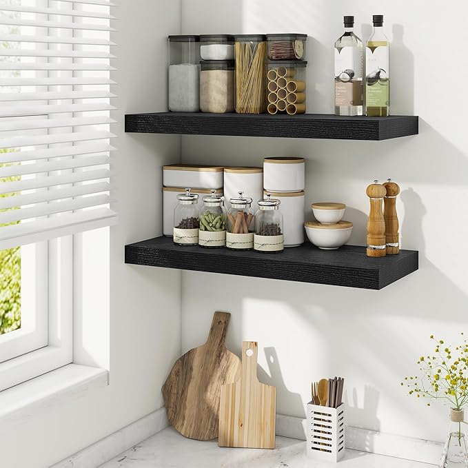 Fun Memories 24 Inch Floating Shelves for Wall, 9 Inch Deep Black Rustic Wood Wall Mounted Shelves for Bathroom, Kitchen, Living Room, Set of 2-Ruum Studio Home