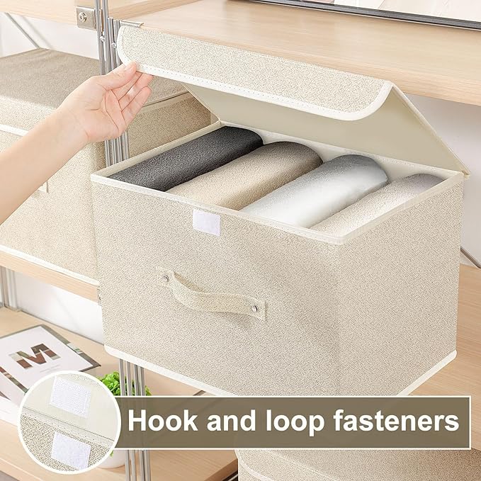 Storage Boxes, Collapsible Storage Bins with Lids, Cotton and linen cloth Storage Baskets with Handle, for Books, Closet, Bedroom, Home, 15x9.8x9.8 in, Grey and Beige-Ruum Studio Home