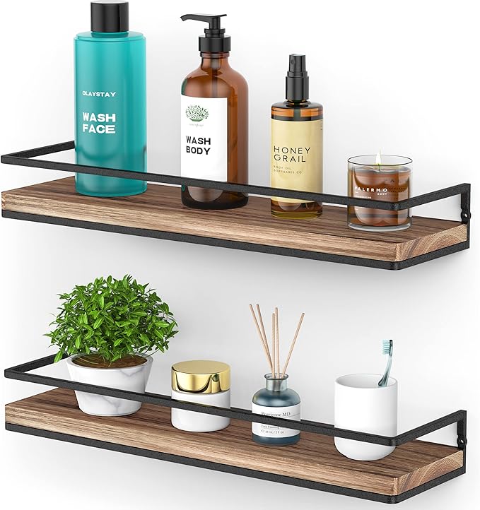 Meangood Floating Shelves Wall Mounted Set of 2, Rustic Wood Wall Storage Shelves for Bedroom,Living Room,Bathroom, Kitchen Torched Wood-Ruum Studio Home