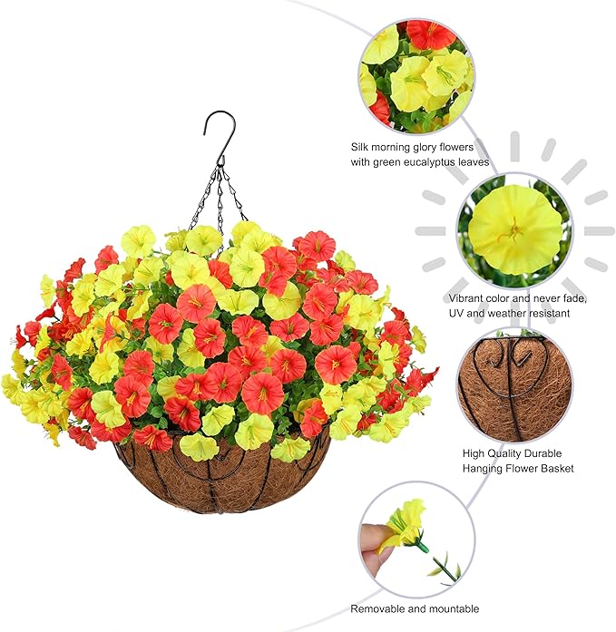 Artificial Fall Flowers Fake Hanging Plants Flowers Basket for Outdoors Autumn Decoration, Silk Morning Glory with Eucalyptus Look Real UV Resistant Faux Flowers for Outside Porch Patio Balcony, Mix-Ruum Studio Home