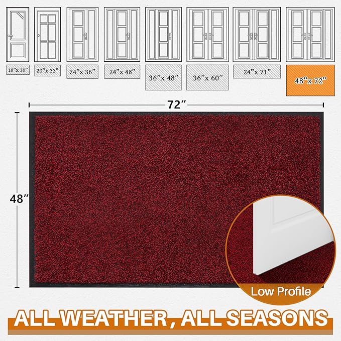 Mibao Front Door Mat, Dirt Trapper Welcome Mat for Outdoor Indoor, Non-Slip Waterproof Doormat, Durable Machine Washable Low Profile Entry Rug for Back Door Outside Patio Porch, 72" x 48", Red-Ruum Studio Home