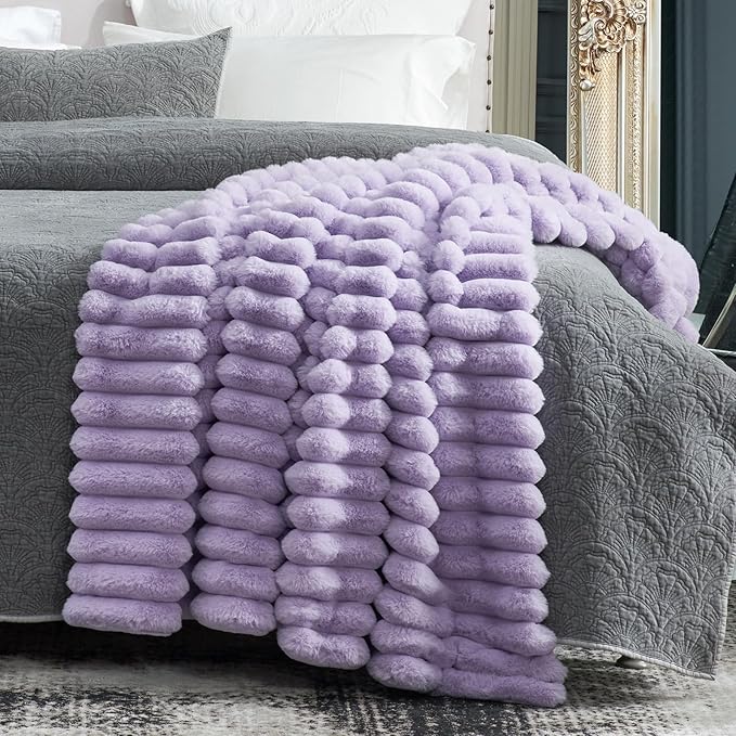 Cozy Bliss Faux Fur Throw Blanket for Couch, Cozy Warm Plush Striped Blanket for Sofa Bedroom Living Room, 60 * 80 Inches Lavender Purple-Ruum Studio Home