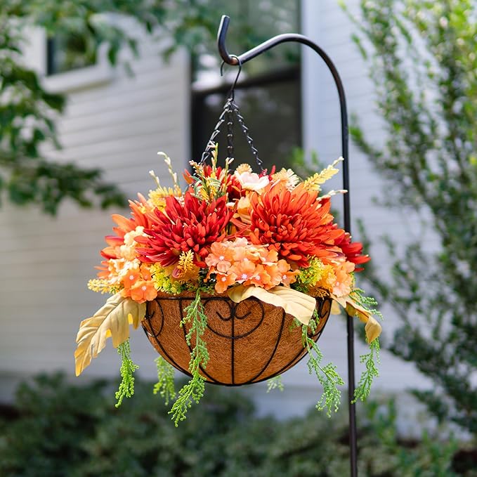 Artificial Fake Hanging Mums Flowers Plants Baskets for Outdoor Outside Decoration, Faux Silk Orange Flower Chrysanthemum UV Resistant Realistic for Porch Patio Balcony Yard Decor-Ruum Studio Home