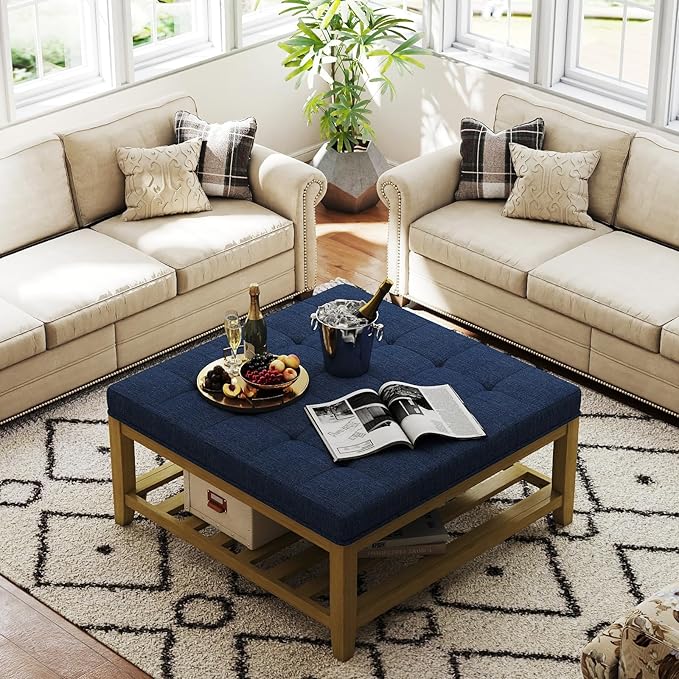 Large Square Ottoman Coffee Table, Linen Solid Upholstered Footrest Ottoman with Solid Wood Shelf Storage Tufted Coffee Table for Bedroom Living Room, Navy Blue-Ruum Studio Home