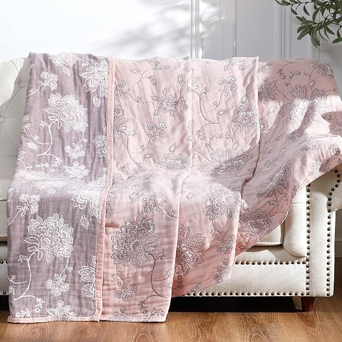 jinchan Boho 100% Cotton Muslin Twin Size 60x80 Inches Blanket Lightweight 4-Layer Quilted Soft Pink Red Floral Throw Blanket Reversible Comfy Flower Breathable All Seasons Couch Bedroom Decor-Ruum Studio Home
