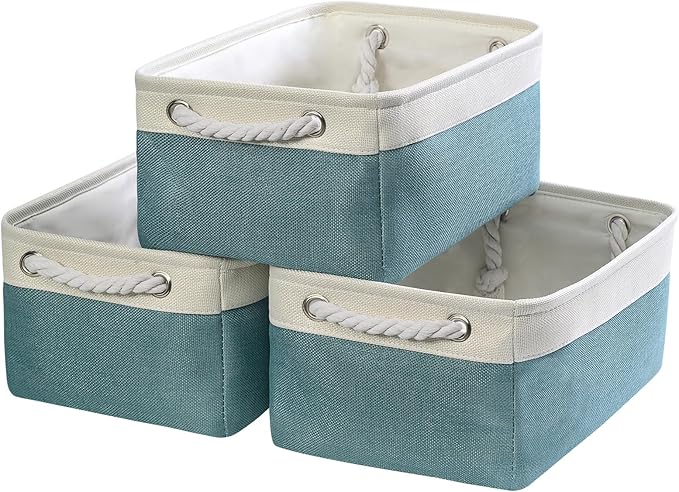 TheWarmHome Fabric Storage Bins Baskets for Organizing,Sturdy Storage Basket W/Handles, Decorative Foldable Storage Baskets for Shelves Closet Nursery Toy (White&Teal, Medium - 3 Pack)-Ruum Studio Home