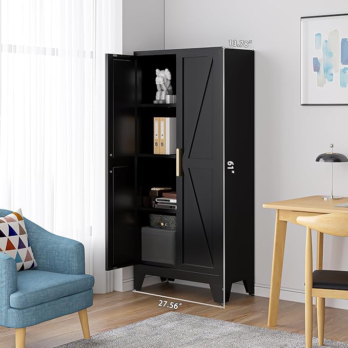 61" Tall Farmhouse Metal Pantry Cabinet, Kitchen Pantry Storage Cabinets with 2 Barn Door and Adjustable Shelves,Metal Pantry Storage Cabinet,for Kitchen,Laundry Room,Home Office,Kids Room (Black)-Ruum Studio Home