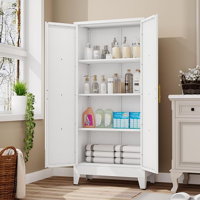 61" H Metal Kitchen Pantry Storage Cabinet, Freestanding Cupboard with 2 Doors and 3 Adjustable Shelves, Standing Storage for Kitchen, Bathroom, Garage, Dinning Room or Utility Room（White）-Ruum Studio Home