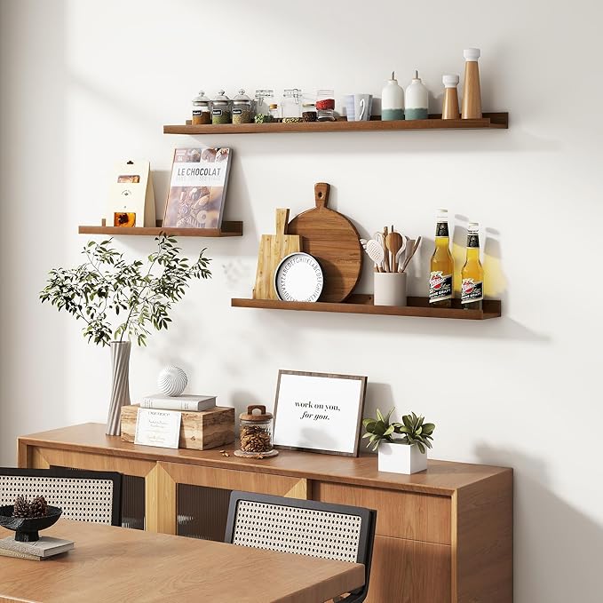 Picture Ledge Wall Shelves 36 inches Width Set of 3, Solid Pine Wood Rustic Floating Ledge Shelves for Wall for Kids' Room Bedroom Kitchen Bathroom Living Room Nursery Display Wall Decor, Walnut-Ruum Studio Home