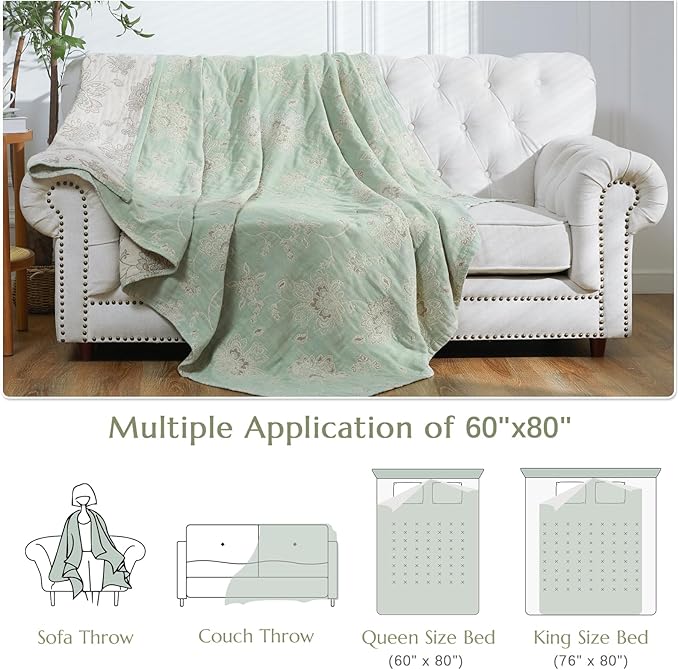 jinchan Boho 100% Cotton Muslin Twin Size 60x80 Inches Blanket Lightweight 4-Layer Quilted Soft Green and Beige Floral Throw Blanket Reversible Comfy Flower Breathable All Seasons Couch Bedroom Decor-Ruum Studio Home